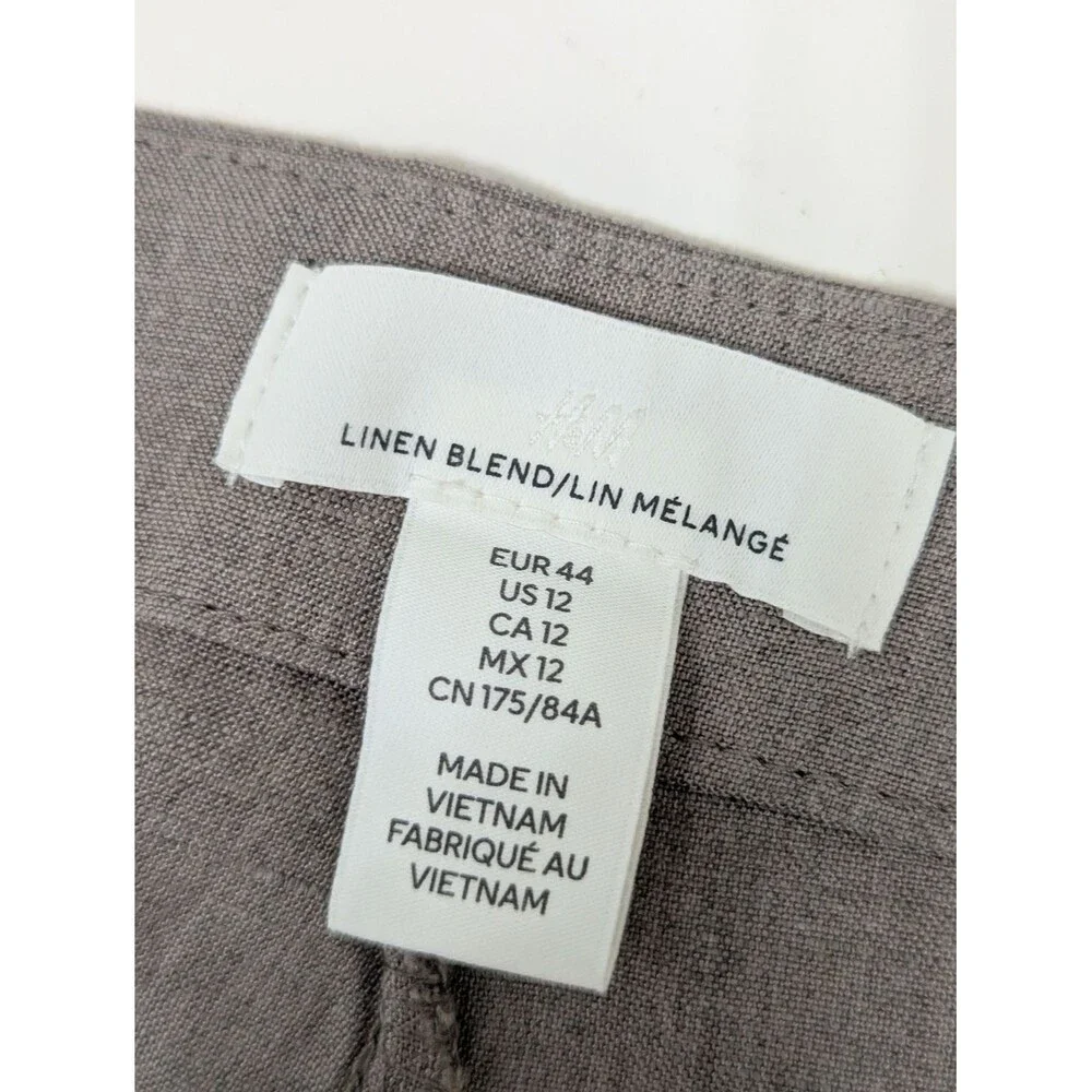 H&M Linen-Blend Pants in Taupe Gray Women's 12 Wide Leg Summer Work Office